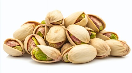 A pile of open pistachio nuts showcasing their green kernels and beige shells.