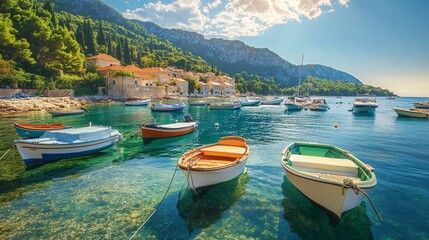 Scenic Coastal Cityscape with Various Boats at Bay