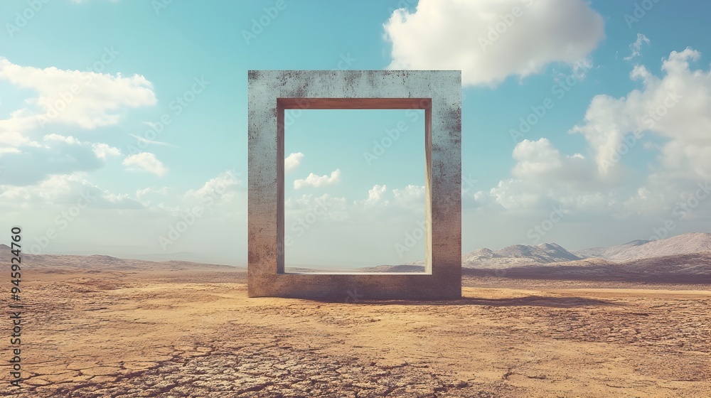 Poster A conceptual image showcasing a window frame standing alone in the middle of a vast and arid desert landscape highlighting the idea of solitude isolation and the power of open space