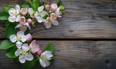 Fototapeta premium Spring apple blossoms flowering branch on wooden background with copy space