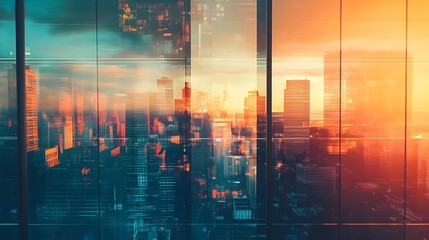 Fototapeta premium A conceptual and abstract image showcasing a window reflection that distorts and transforms the cityscape creating a surreal and captivating visual effect with ample copy space