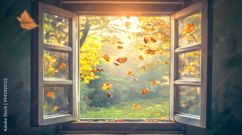 Poster tranquil open window with flowing leaves capturing the essence of nature s embrace creating a serene
