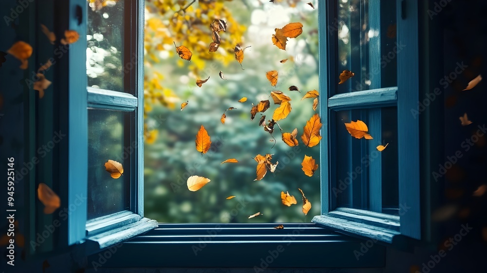 Poster conceptual image of an open window with leaves blowing inside creating a serene and calming atmosphe