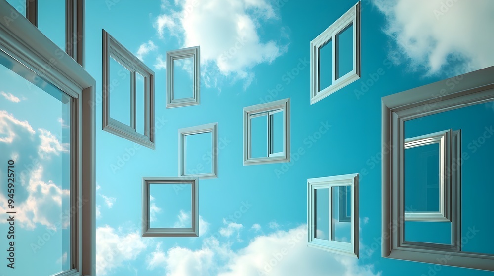 Poster a conceptual image showcasing an abstract arrangement of multiple windows floating in a minimalist d