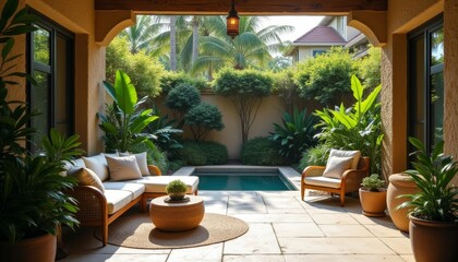 Fototapeta premium Tranquil patio oasis with pool view