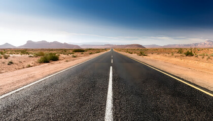 Fototapeta premium Empty straight asphalt road in the desert, isolated on transparent background
