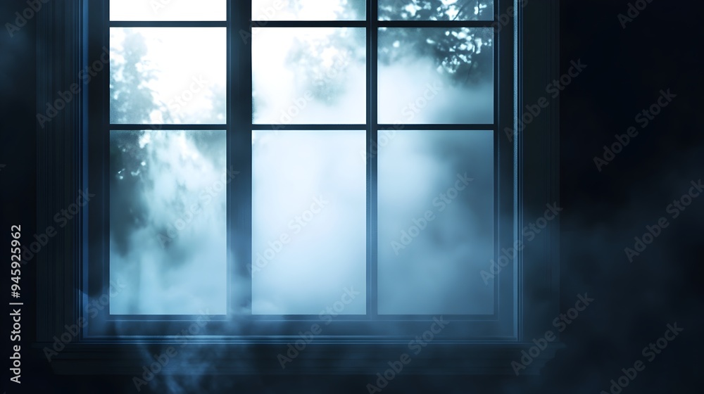 Poster a conceptual image of a foggy window with a mysterious silhouette behind it creating an atmospheric 