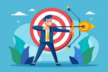 Target, goal or business objective, growth or achievement, aiming for purpose, ambition or aspiration to success, leadership or skill to achieve target concept, businessman archery aim to hit target.
