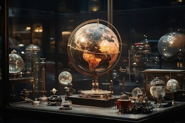An antique globe sits on a wooden stand in a glass display case surrounded by other antique objects.