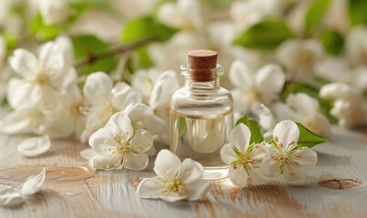 Glass bottle with essential oil among the jasmin blossoms