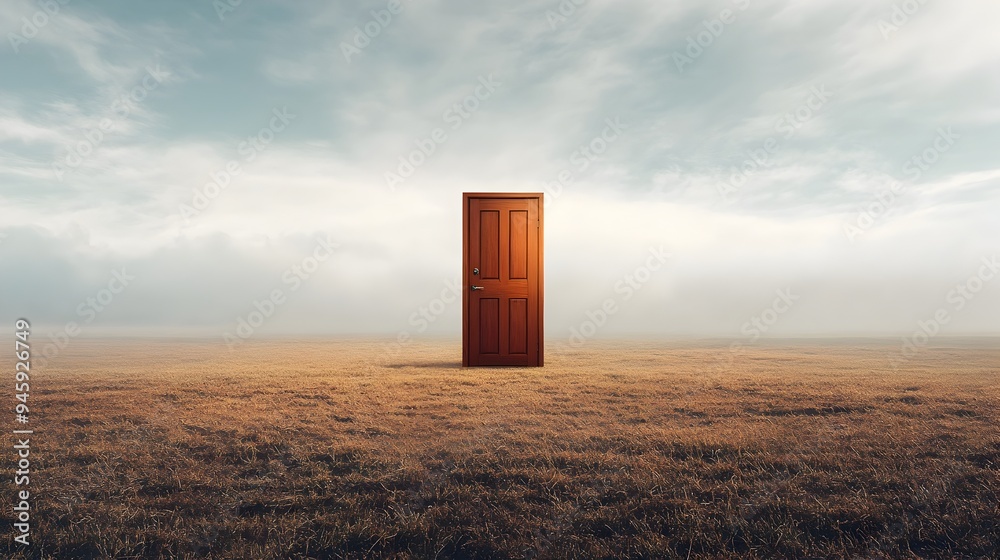 Poster a conceptual image of a floating door in the middle of an empty field representing the power of of n
