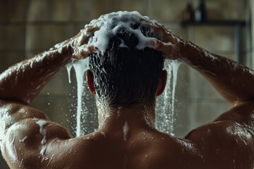 Fototapeta premium Closeup of a man washing his hair with shampoo