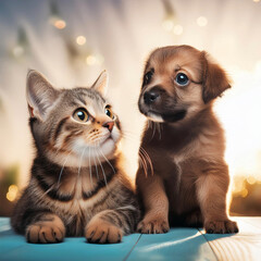 Obraz premium 子犬と子猫