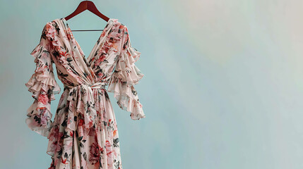 A floral print dress with ruffles hangs on a wooden hanger against a light blue background.
