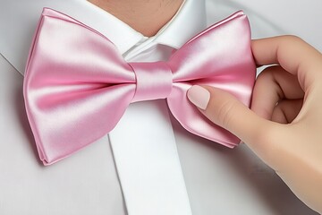Close-up of a hand adjusting a pink satin bow tie on a white shirt, highlighting formal fashion and personal style.