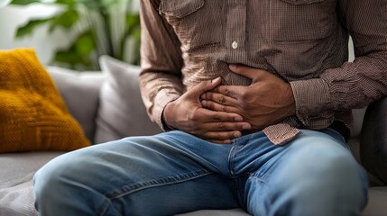 Person Experiencing Stomach Discomfort While Sitting on Couch