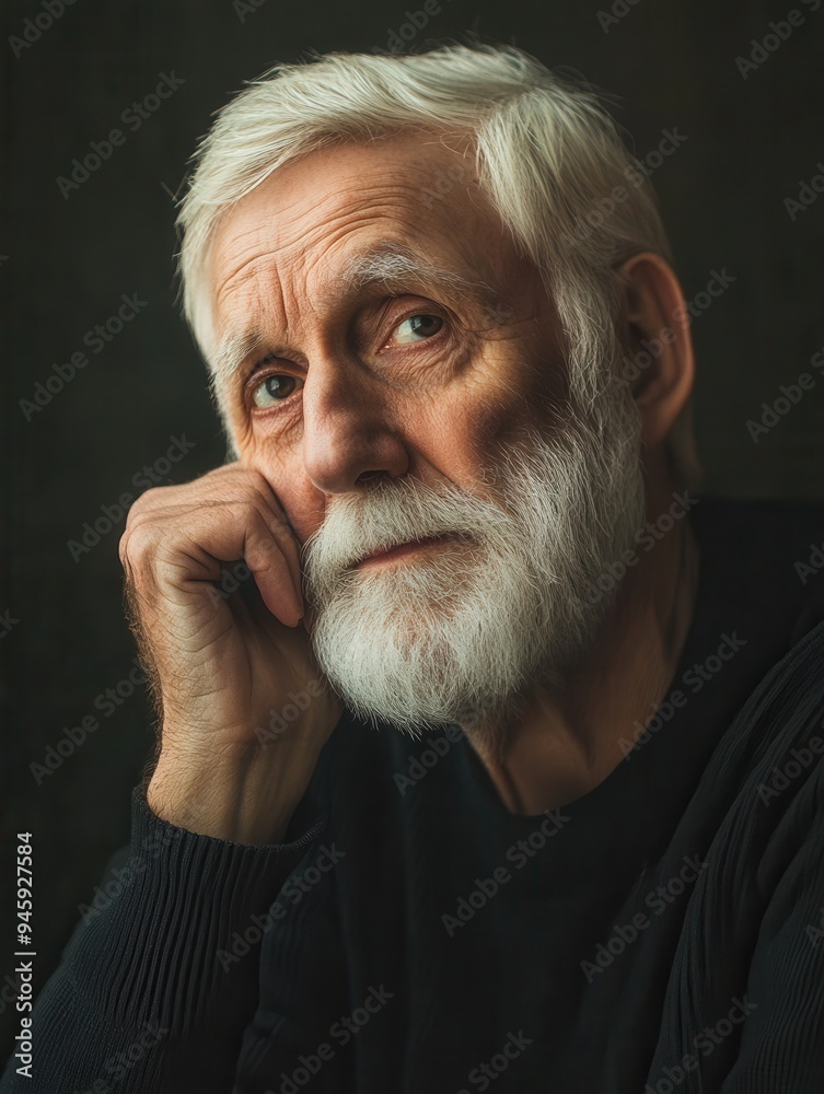 Aufkleber an elderly man with a white beard rests his chin on his hand, displaying a pensive look while illumi