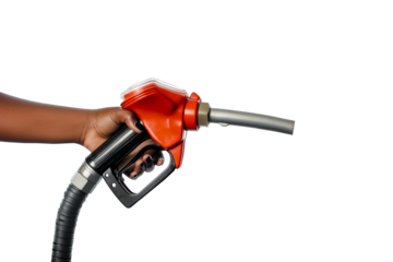 Isolated black petrol fuel charging plug in female hand of black person. 