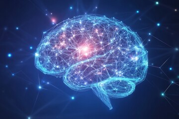 Abstract digital illustration of a human brain with glowing network connections.