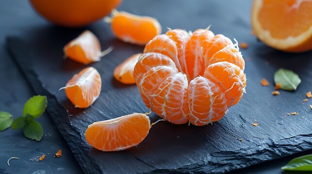 Halved Tangerine on Dark Slate Board with Juicy Segments Arranged Artfully Highlighting the Bright Orange Skin and Freshness of the Fruit