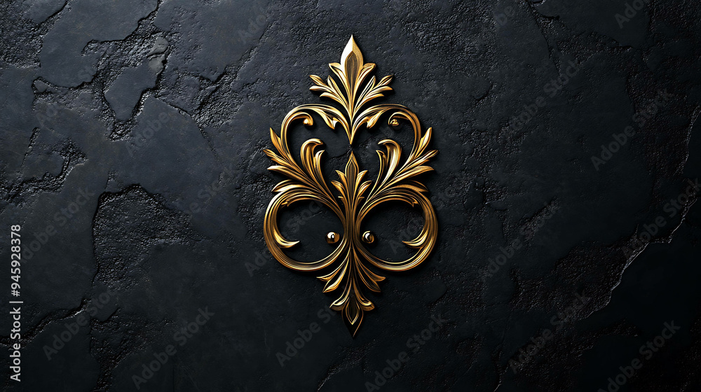 Poster ornate golden design on a black textured background.