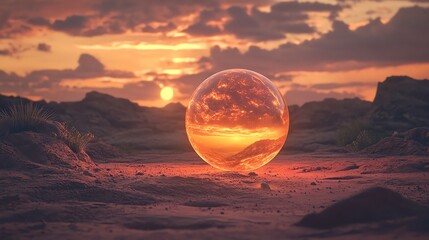 A surreal landscape featuring a sunset encapsulated in a transparent orb, creating a mesmerizing and dreamlike atmosphere.