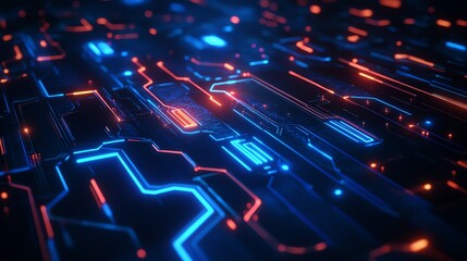 Obraz premium Abstract futuristic circuit board with glowing neon lights, showcasing vibrant blue and orange electronic patterns and technology design.