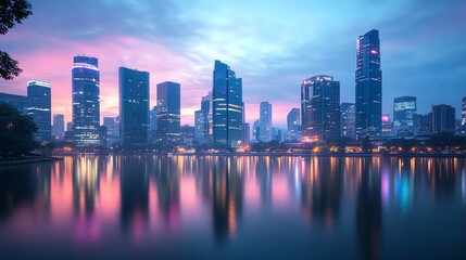 Fototapeta premium Beautiful city skyline reflecting in calm water at dusk, showcasing modern skyscrapers and vibrant sky colors, perfect urban scenery.