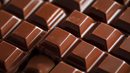 Fototapeta premium Close-up of rich dark chocolate squares arranged neatly on a surface, showcasing their glossy texture in natural light