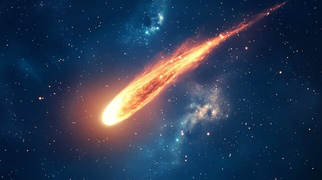 Fiery comet streaking through the night sky amid stars and deep space, evoking a sense of wonder and cosmic beauty.