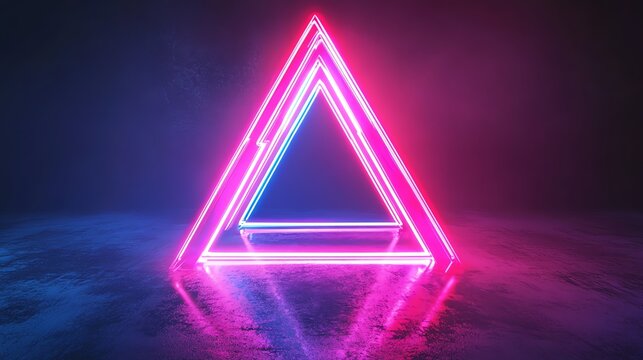 Glowing neon triangle in vibrant pink and blue colors, reflecting on a shiny surface in a dark, moody atmosphere.
