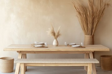 A minimalist dining setup featuring a wooden table, simple decor, and natural elements.