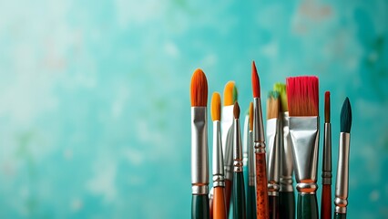 Fototapeta premium Vibrant collection of paintbrushes against a soft turquoise background, perfect for artists and creativity enthusiasts. Ideal for showcasing artistic tools and inspiration.