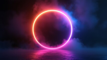Obraz premium Vibrant Neon Ring Amidst Mystical Fog and Reflections