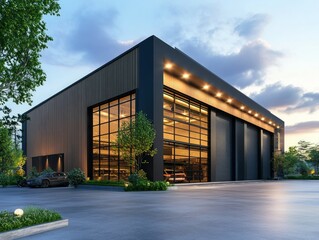 Modern flat Warehouse building under a cloudy sky at sunset, Glass walls modern architecture