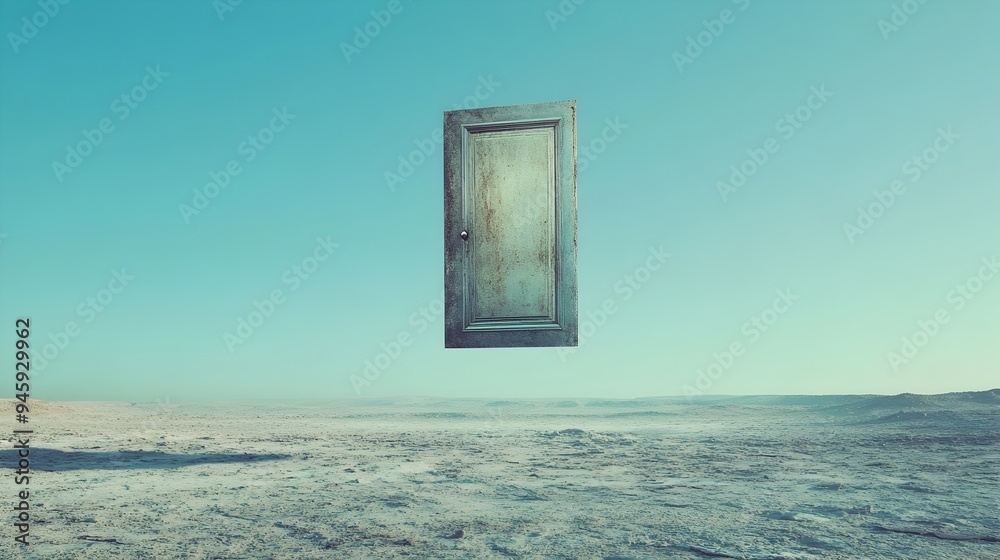 Poster a conceptual image of a floating door suspended above the ground with nothing behind it inviting of 