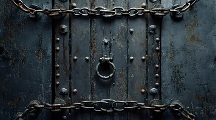 Conceptual image of a doorway or entryway completely surrounded and obstructed by chains locks and other security barriers suggesting a sense of restriction limitation