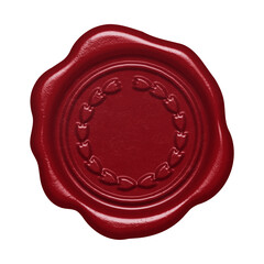 Red wax seal with embossed wreath design isolated on transparent background