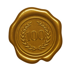 Gold wax seal with embossed number 100 isolated on transparent background