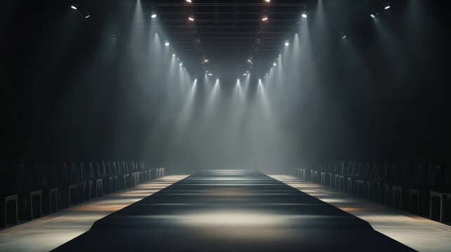 A dark stage with an extended runway illuminated by spotlights, prepared for a performance or fashion show