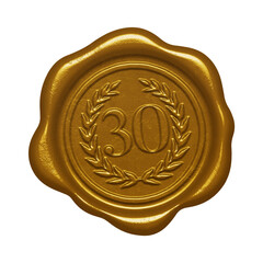 Gold wax seal with embossed number 30 isolated on transparent background