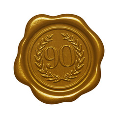 Gold wax seal with embossed number 90 isolated on transparent background