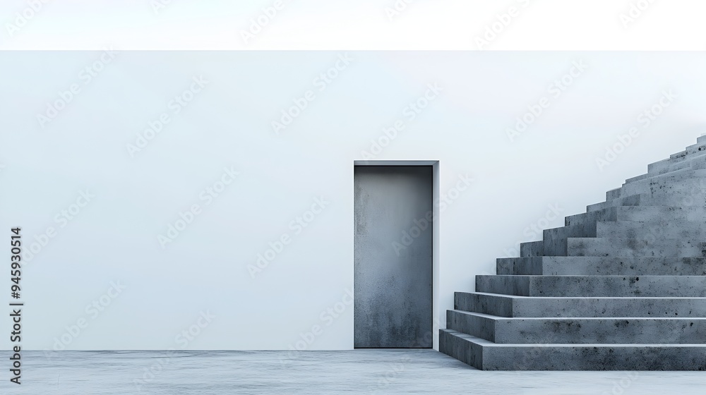 Poster Conceptual image of a minimalist architectural doorway leading to an endless staircase or ladder creating a surreal fantastical and mysterious passage with ample copy space for design or text overlay