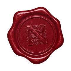 Red wax seal with embossed letter N monogram initial isolated on transparent background