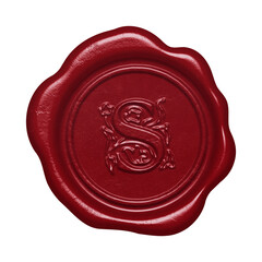Red wax seal with embossed letter S monogram initial isolated on transparent background