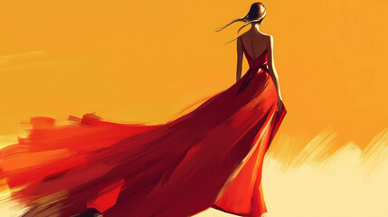 A woman in a red gown walks away from the viewer against a yellow background.