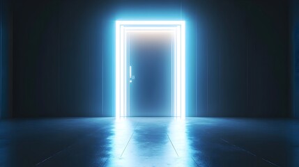 Conceptual image of a futuristic door with bright glowing LED lights showcasing a modern innovative architectural design for advanced technological spaces and smart building systems