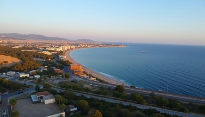 Vibrant coastal cityscape at sunrise