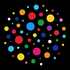 A vibrant circle composed of colorful polka dots set against a black background