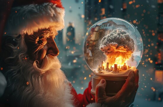 Close-up of Santa Claus holding a snow globe with a nuclear explosion inside, a nuclear mushroom cloud outside the glass, and a city street in the background.